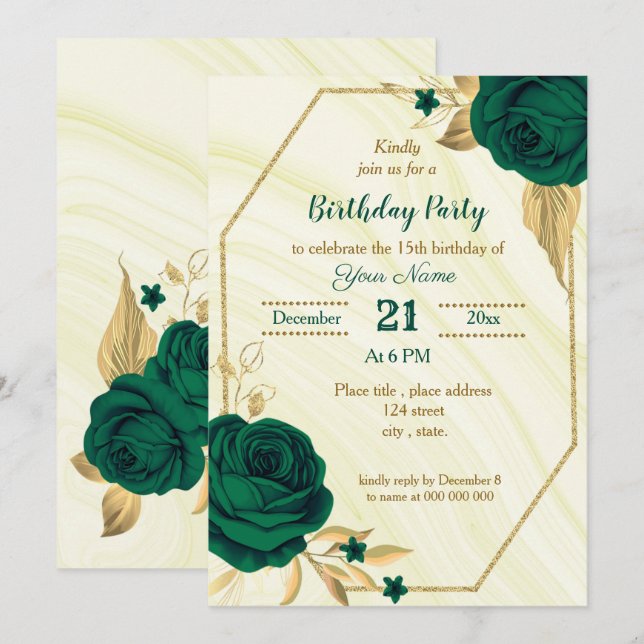 emerald green gold floral birthday party invitation (Front/Back)