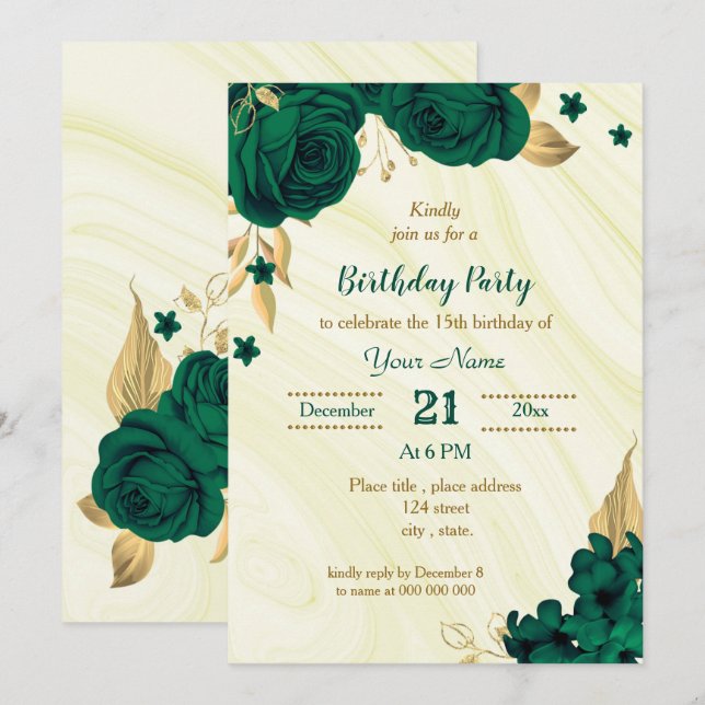 emerald green gold floral birthday party invitation (Front/Back)