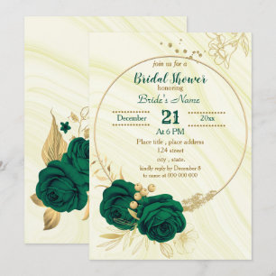 emerald green gold floral bridal shower invitation