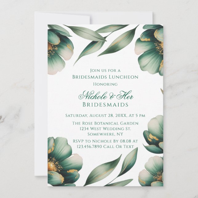 Emerald Green & Gold Floral Bridesmaids Luncheon Invitation (Front)