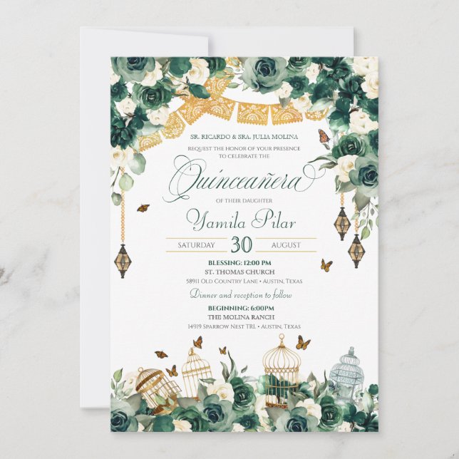 Emerald Green Gold Floral Butterflies Quinceanera  Invitation (Front)