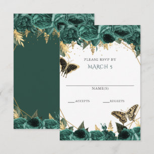 Emerald Green Gold Floral Butterflies Quinceanera RSVP Card