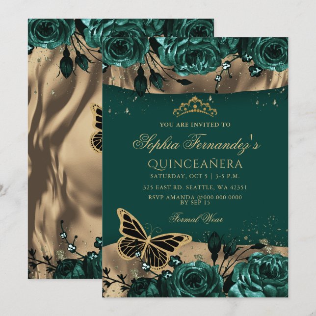 Emerald Green Gold Floral Butterfly Quinceañera  Invitation (Front/Back)