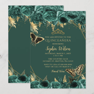 Emerald Green Gold Floral Butterfly Quinceañera  Invitation