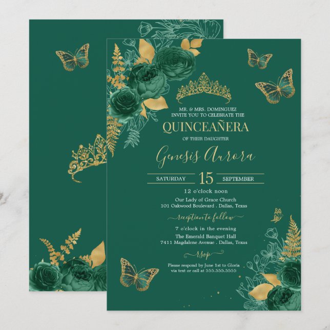 Emerald Green & Gold Floral Butterfly Quinceañera Invitation (Front/Back)