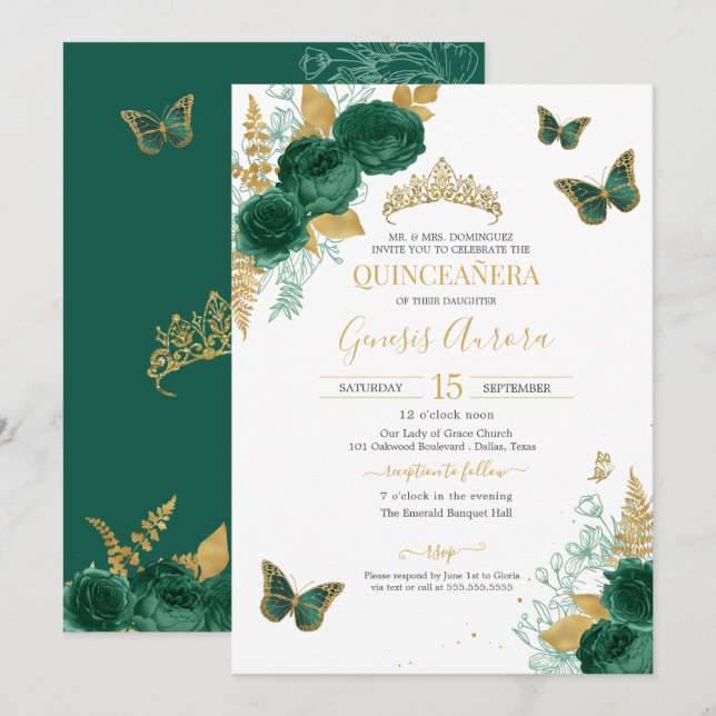 Emerald Green & Gold Floral Butterfly Quinceañera  Invitation (Front/Back)