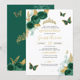 Emerald Green & Gold Floral Butterfly Quinceañera Invitation