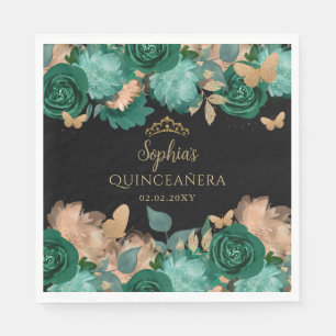 Emerald Green Gold Floral Butterfly Quinceañera  Napkin