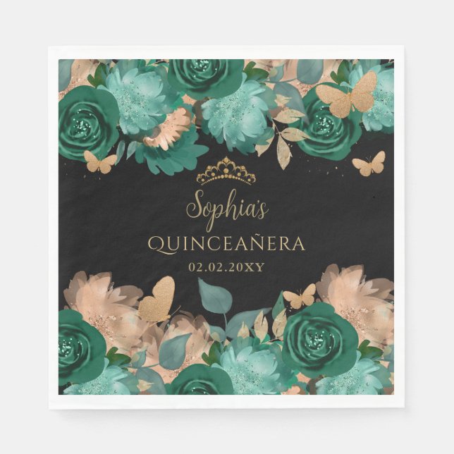 Emerald Green Gold Floral Butterfly Quinceañera  Napkin (Front)
