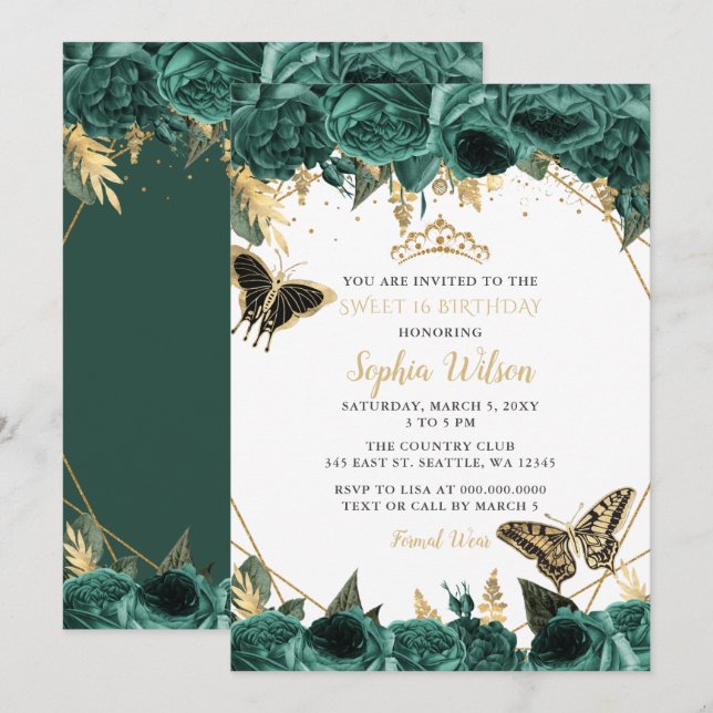 Emerald Green Gold Floral Butterfly SWEET 16 Invitation (Front/Back)
