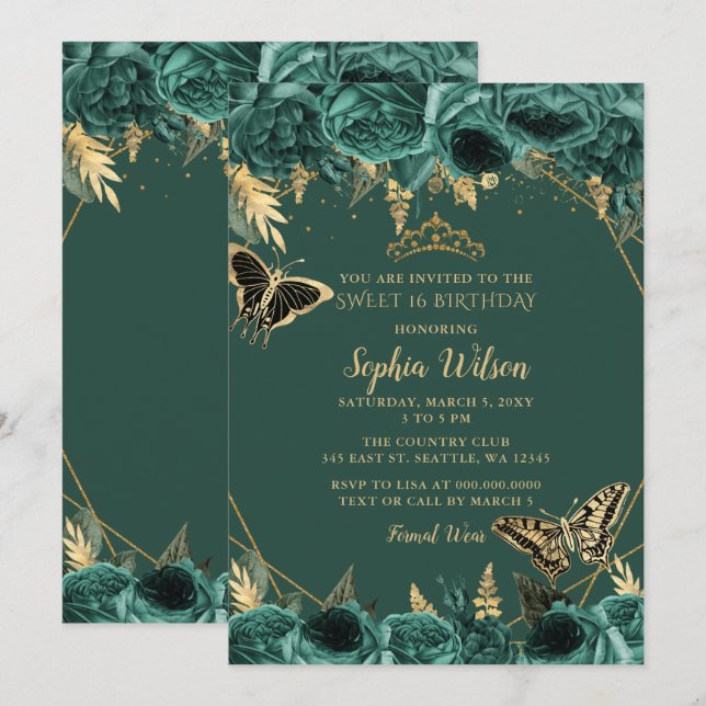 Emerald Green Gold Floral Butterfly Sweet 16 Invitation (Front/Back)