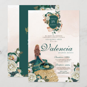 Emerald Green Gold Floral Crest Charra Quinceanera Invitation