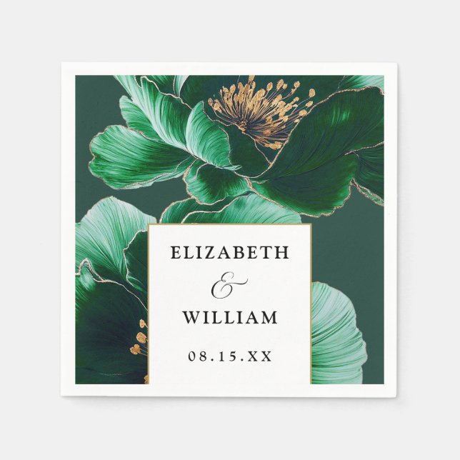 Emerald Green Gold Floral Elegant Modern Wedding Napkin (Front)