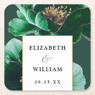 Emerald Green Gold Floral Elegant Modern Wedding Square Paper Coaster