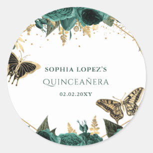 Emerald Green Gold Floral Elegant Quinceanera  Classic Round Sticker
