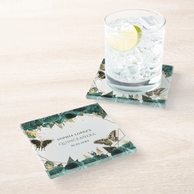 Emerald Green Gold Floral Elegant Quinceanera   Glass Coaster (Angled)