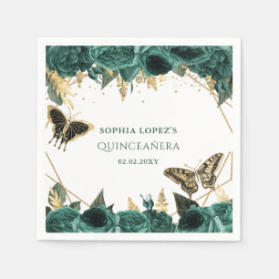 Emerald Green Gold Floral Elegant Quinceanera  Napkin