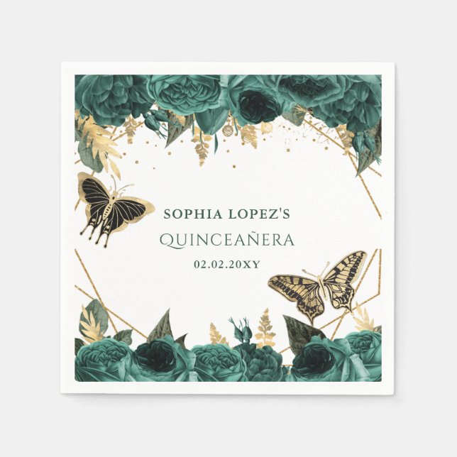 Emerald Green Gold Floral Elegant Quinceanera  Napkin (Front)