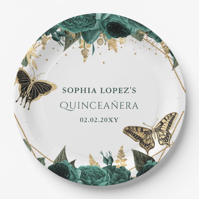 Emerald Green Gold Floral Elegant Quinceanera  Paper Plate (Front)