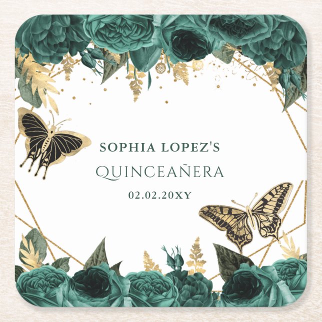 Emerald Green Gold Floral Elegant Quinceanera   Square Paper Coaster (Front)