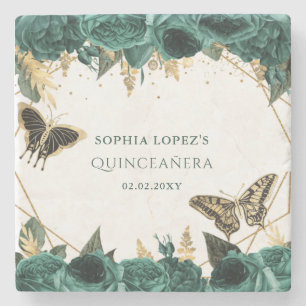 Emerald Green Gold Floral Elegant Quinceanera Stone Coaster