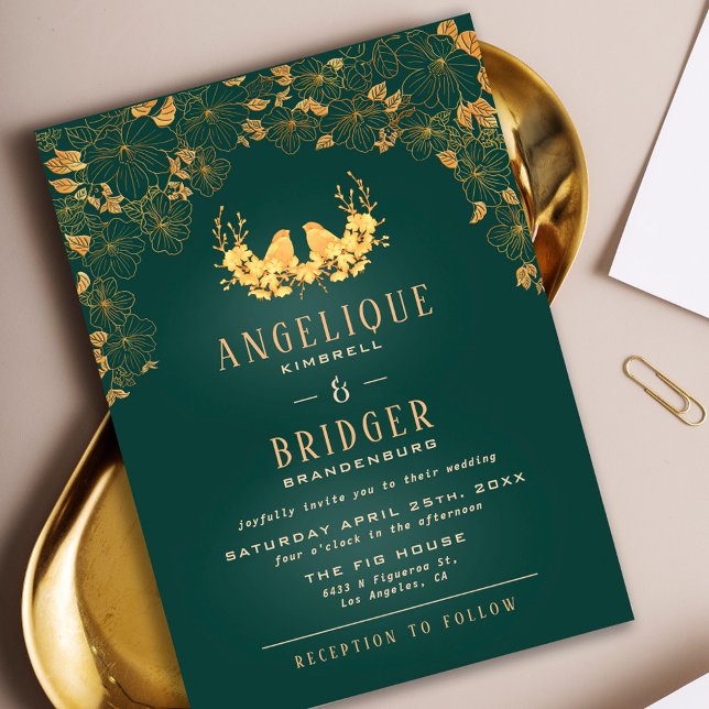 Emerald Green Gold Floral Foliage Birds Wedding Invitation (Creator Uploaded)