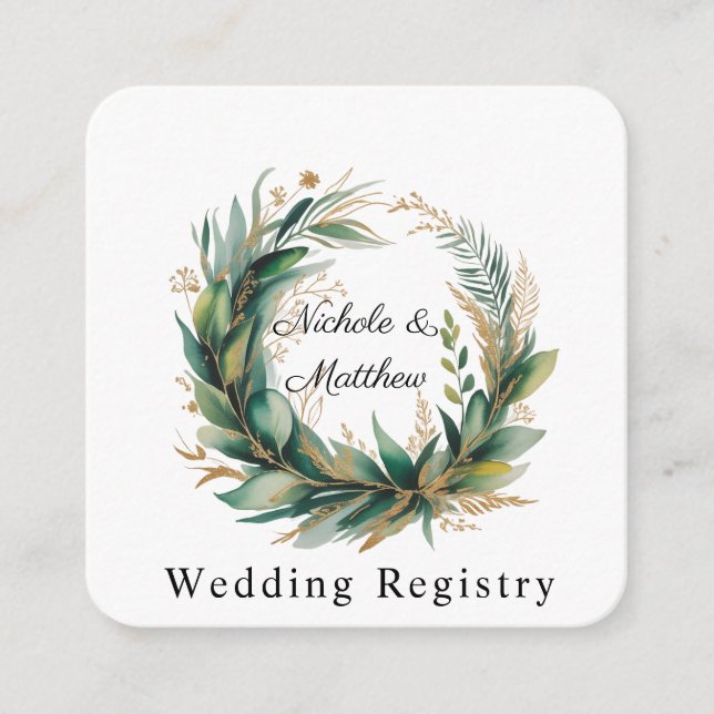 Emerald Green & Gold Floral Frame Wedding Registry Enclosure Card (Front)