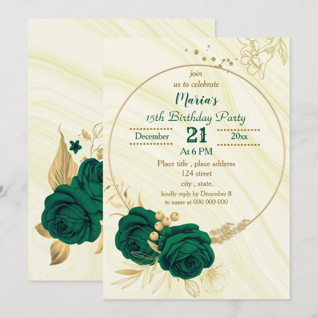 emerald green gold floral geometric birthday party invitation (Front/Back)