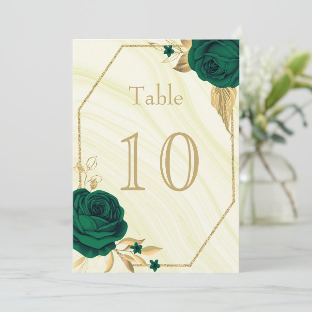 emerald green gold floral geometric table number (Standing Front)