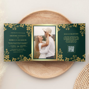 Emerald Green Gold Floral Leaves QR Code Wedding Tri-Fold Invitation
