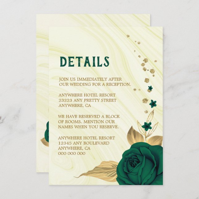 emerald green gold floral marble details enclosure card (Front/Back)