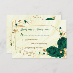 emerald green gold floral marble geometric RSVP card