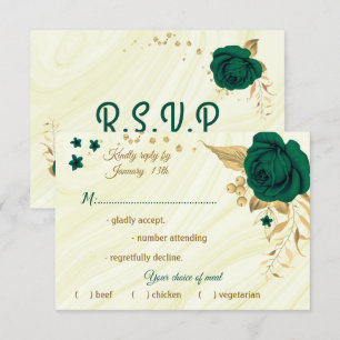 emerald green gold floral marble meal choice RSVP card