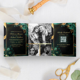 Emerald Green Gold Floral Marble QR Code Wedding Tri-Fold Invitation