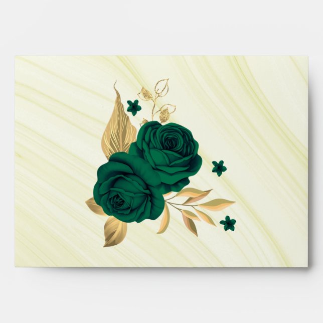 emerald green gold floral marble wedding envelope (Front)