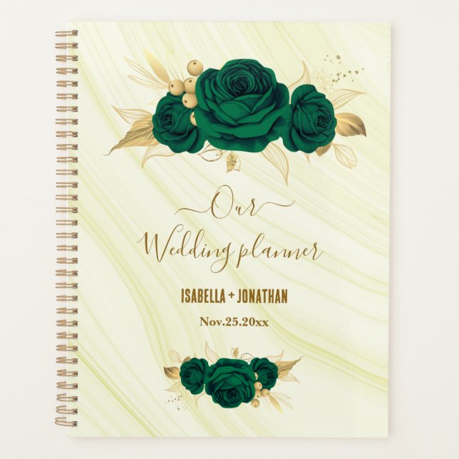 emerald green gold floral marble wedding planner (Front)