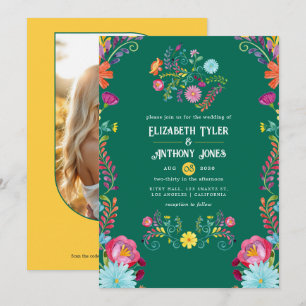 Emerald Green & Gold Floral Mexican Fiesta Wedding Invitation