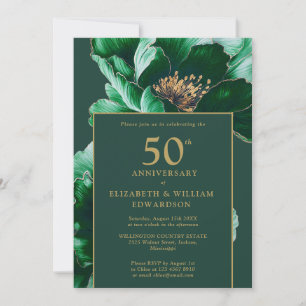 Emerald Green Gold Floral Modern 50th Anniversary Invitation