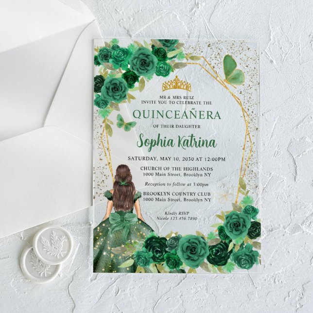 Emerald Green Gold Floral Princess Quinceañera Acrylic Invitations (Creator Uploaded)