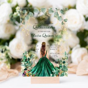 Emerald Green Gold Floral Princess Quinceanera Acrylic Invitations
