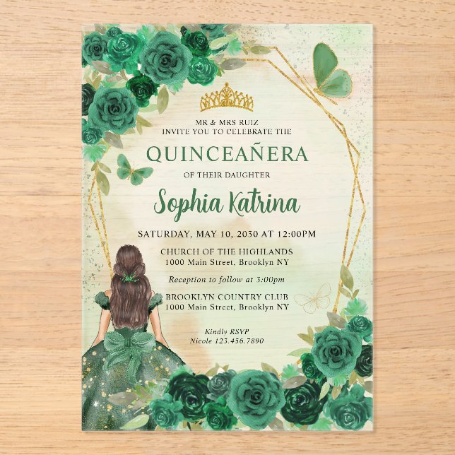 Emerald Green Gold Floral Princess Quinceañera Acrylic Invitations (Front)