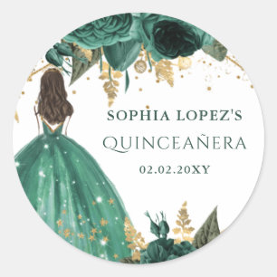 Emerald Green Gold Floral Princess Quinceanera   Classic Round Sticker