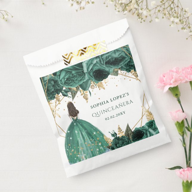 Emerald Green Gold Floral Princess Quinceanera   Favour Bags (Sealed)