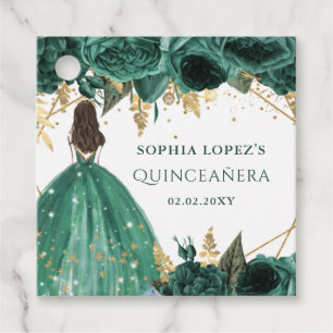 Emerald Green Gold Floral Princess Quinceanera   Favour Tags