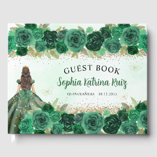 Emerald Green Gold Floral Princess Quinceañera Guest Book