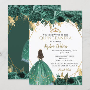 Emerald Green Gold Floral Princess Quinceañera  In Invitation