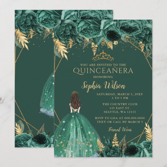 Emerald Green Gold Floral Princess Quinceañera  In Invitation (Front/Back)