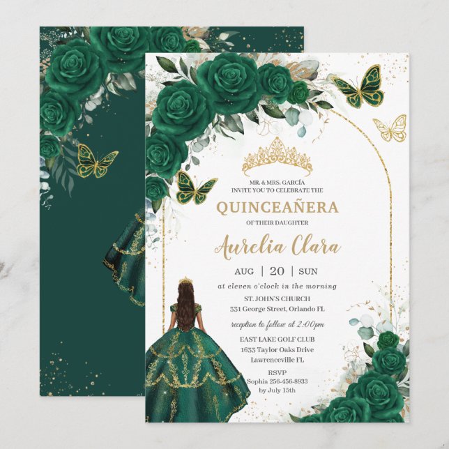 Emerald Green Gold Floral Princess Quinceañera  Invitation (Front/Back)