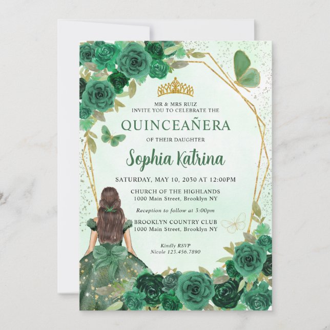 Emerald Green Gold Floral Princess Quinceañera Invitation (Front)
