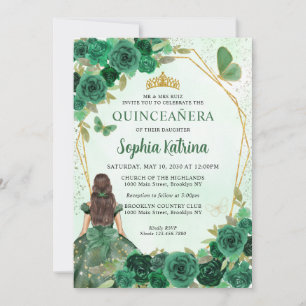Emerald Green Gold Floral Princess Quinceañera Invitation